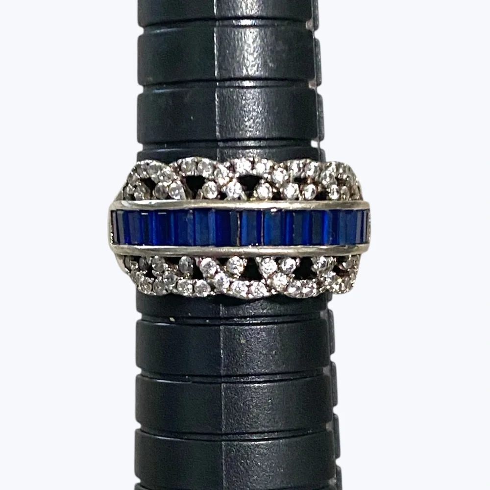 18K White Gold Plated Lab Blue Sapphire & 1/4 TCW Diamond Filigree Ring Sz 7